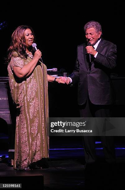 Aretha Franklin and Tony Bennett perform onstage during Tony Bennett's 85th Birthday Gala Benefit for Exploring the Arts at The Metropolitan Opera...