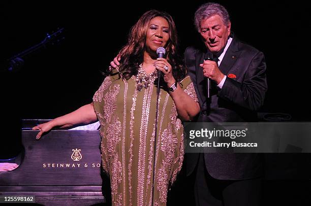 Aretha Franklin and Tony Bennett perform onstage during Tony Bennett's 85th Birthday Gala Benefit for Exploring the Arts at The Metropolitan Opera...