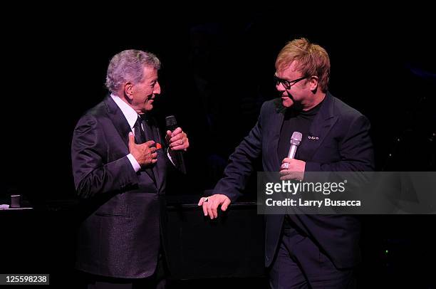 Tony Bennett and Elton John perform onstage during Tony Bennett's 85th Birthday Gala Benefit for Exploring the Arts at The Metropolitan Opera House...