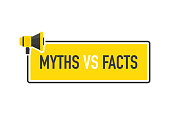 Megaphone geometric yellow banner with MYTHS VS FACTS speech bubble. Flat style. Vector.