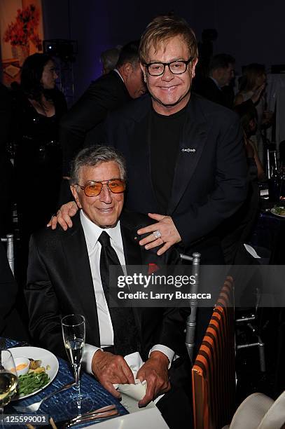 Tony Bennett and Elton John attend Tony Bennett's 85th Birthday Gala Benefit for Exploring the Arts at The Metropolitan Opera House on September 18,...