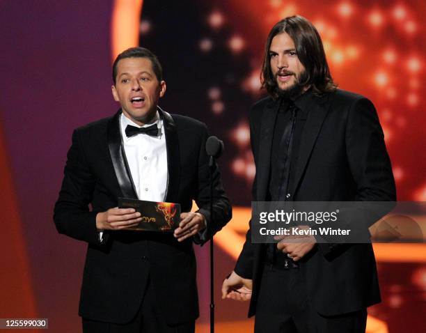 Actors Jon Cryer and Ashton Kutcher speak onstage during the 63rd Annual Primetime Emmy Awards held at Nokia Theatre L.A. LIVE on September 18, 2011...