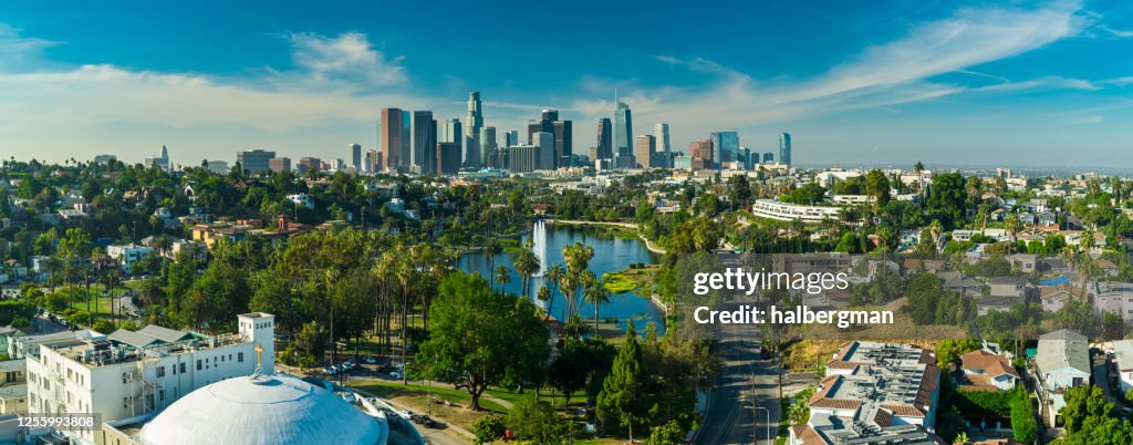 Echo Park and DTLA on a Sunny Day - Aerial Panorama