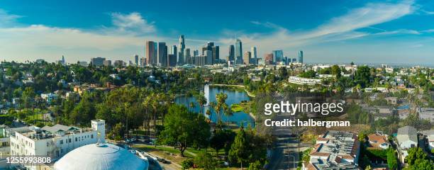 echo park and dtla on a sunny day - aerial panorama - los angeles stock pictures, royalty-free photos & images