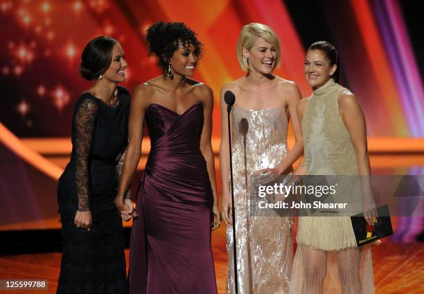 Actresses Minka Kelly, Annie Ilonzeh, Rachael Taylor and Drew Barrymore speak onstage during the 63rd Primetime Emmy Awards at the Nokia Theatre L.A....