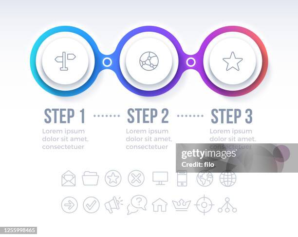 ilustraciones, imágenes clip art, dibujos animados e iconos de stock de diseño infográfico de tres pasos de progreso del círculo - triple