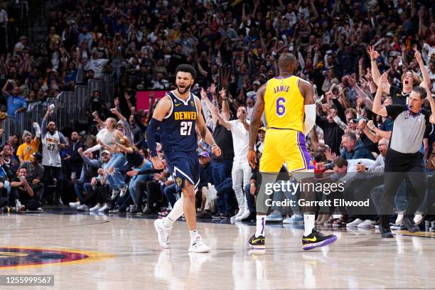 Jamal Murray of the Denver Nuggets celebrates a play during the game against the Los Angeles Lakers during Game 2 of the 2023 NBA Playoffs Western...