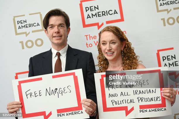 John Mulaney and Suzanne Nossel at the PEN America 2023 Spring Literary Gala held at the American Museum of Natural History on May 18, 2023 in New...