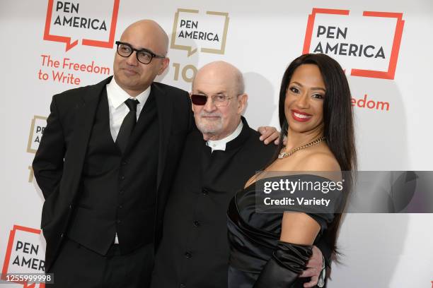 Ayad Akhtar, Salman Rushdie and Rachel Eliza Griffiths at the PEN America 2023 Spring Literary Gala held at the American Museum of Natural History on...