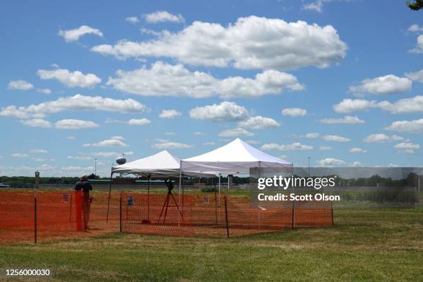 Small media area is set up at the Federal Correctional Complex where Daniel Lewis Lee is scheduled to be executed on July 13, 2020 in Terre Haute,...