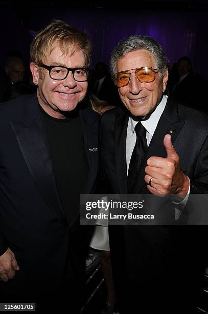 Elton John and Tony Bennett attend Tony Bennett's 85th Birthday Gala Benefit for Exploring the Arts at The Metropolitan Opera House on September 18,...