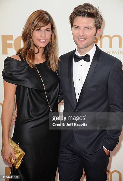 Actor Adam Scott and Naomi Sablan arrive at the 63rd Primetime Emmy Awards at Nokia Theatre L.A. Live on September 18, 2011 in Los Angeles,...