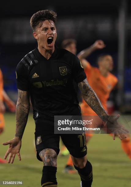 Brian Rodriguez of Los Angeles FC celebrates the third goal of his team during a match between Los Angeles FC and Houston Dynamo as part of MLS is...