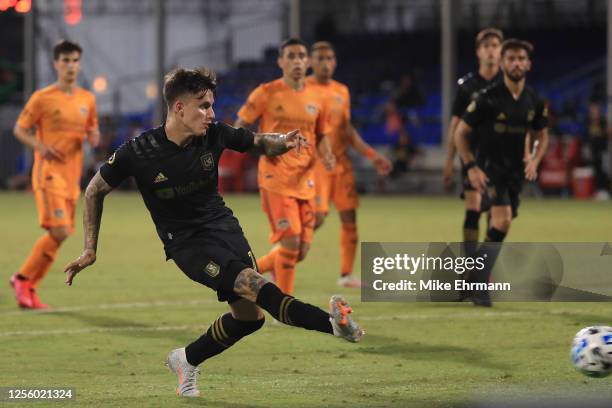 Brian Rodriguez of Los Angeles FC scores the third goal of his team during a match between Los Angeles FC and Houston Dynamo as part of MLS is Back...