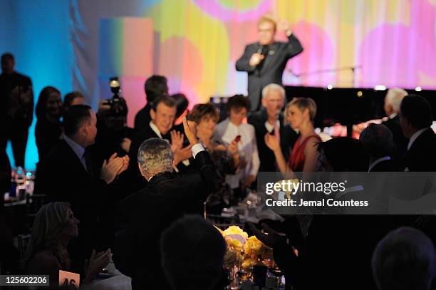 Elton John presents Tony Bennett during Tony Bennett's 85th Birthday Gala Benefit for Exploring the Arts at The Metropolitan Opera House on September...