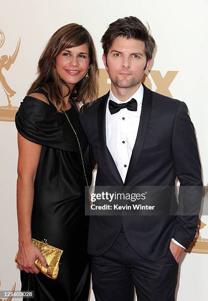 Naomi Sablan and actor Adam Scott arrives at the 63rd Annual Primetime Emmy Awards held at Nokia Theatre L.A. LIVE on September 18, 2011 in Los...