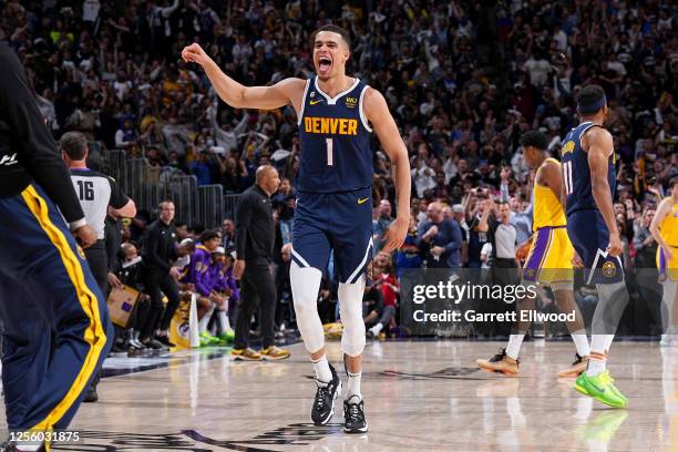 Michael Porter Jr. #1 of the Denver Nuggets celebrates a play during the game against the Los Angeles Lakers during Game 2 of the 2023 NBA Playoffs...