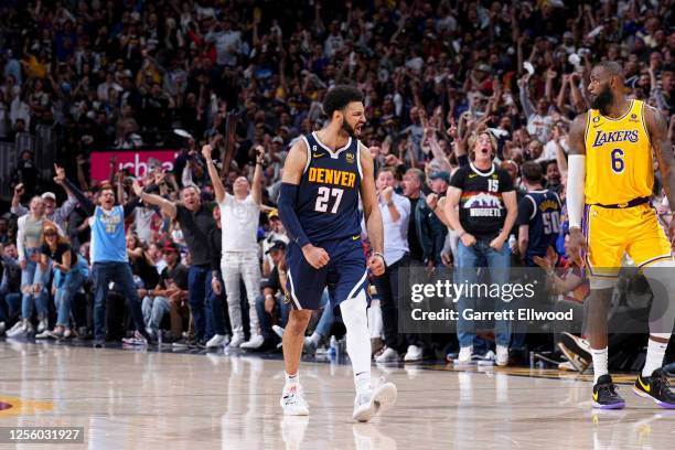 Jamal Murray of the Denver Nuggets celebrates a play during the game against the Los Angeles Lakers during Game 2 of the 2023 NBA Playoffs Western...