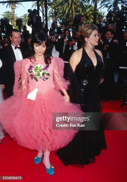 Awarded actress Bjork, Catherine Deneuve and awarded dircetor Lars Von Trier attends the 53rd Cannes Film Festival in May 2000, in Cannes, France.