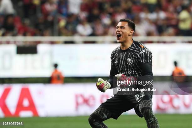 Luis Malagón goalkeeper of America celebrates the team's first goal during the semifinals first leg match between Chivas and America as part of the...