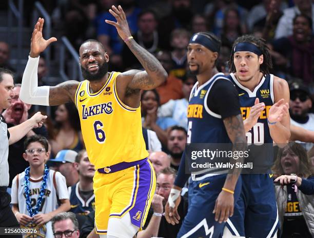 Denver, Colorado May 16, 2023-Lakers LeBron James wants a foul called against the Nuggets in the first quarter in Game 2 of the Western Conference...