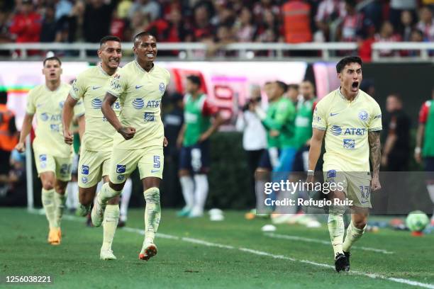 Alejandro Zendejas of America celebrates after scoring the team's first goal during the semifinals first leg match between Chivas and America as part...