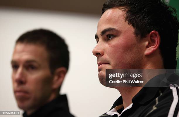 Zac Guildford of the All Blacks fronts the media alongside Manager Darren Shand during a New Zealand All Blacks IRB Rugby World Cup 2011 press...
