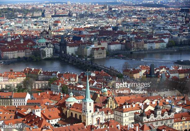 View of Charles Bridge over Vltava River built in 1402 and connects between 'Old Town' and 'Prague Castle' at Mala Strana region in Prague, Czechia...