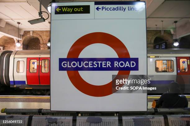 Gloucester Road sign displayed at the London underground station.
