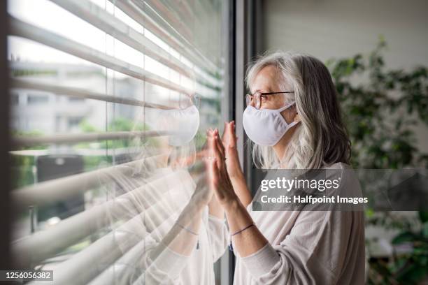 portrait of senior woman with face mask standing indoors by window at home, looking out. - looking through window covid stock pictures, royalty-free photos & images