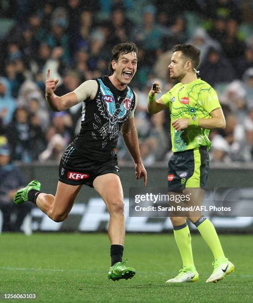 Zak Butters of the Power celebrates a goal during the 2023 AFL Round 10 match between Yartapuulti/Port Adelaide Power and Narrm/Melbourne Demons at...