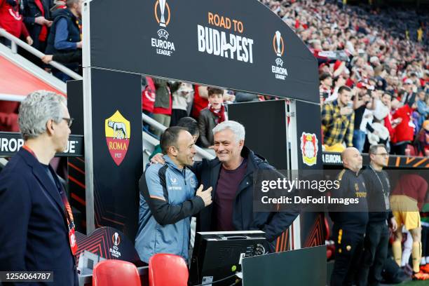 Jose Mourinho Head Coach of AS Rom smile prior to the UEFA Europa League semi-final second leg match between Bayer 04 Leverkusen and AS Roma at...