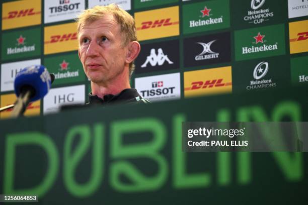 Leinster's head coach Leo Cullen holds a press conference at the Aviva Stadium in Dublin on May 19, 2023 on the eve of the Champions Cup rugby union...