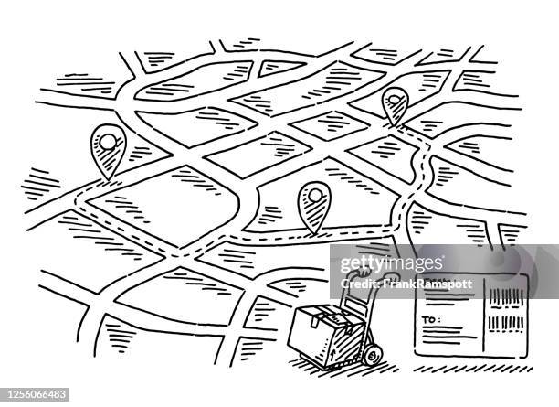 ilustraciones, imágenes clip art, dibujos animados e iconos de stock de dibujo de la ruta de entrega de parcelas del mapa de la ciudad - mapa de carretera