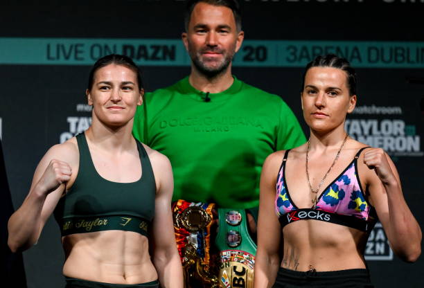 Dublin , Ireland - 19 May 2023; Katie Taylor, left, and Chantelle Cameron face-off during weigh-ins, at Mansion House in Dublin, ahead of their...