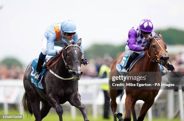 Got To Love A Grey ridden by Sam James on their way to winning the Clipper EBF Marygate Fillies' Stakes on day three of the Dante Festival 2023 at...