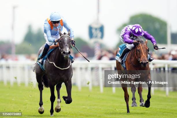 Got To Love A Grey ridden by Sam James on their way to winning the Clipper EBF Marygate Fillies' Stakes on day three of the Dante Festival 2023 at...