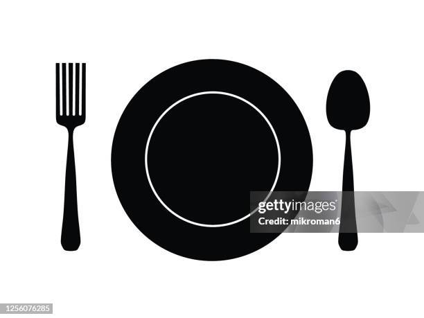 drawing of a plate with a spoon and a fork - food and drink icon stock pictures, royalty-free photos & images