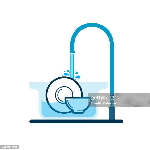 dish washing - washing dishes in sink stock illustrations