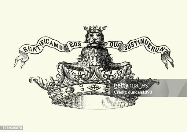 crown with crowned lion holding croll in its mouth - royal stock illustrations