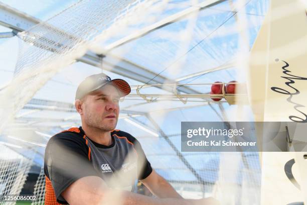 Batting Coach Peter Fulton starts the bowling machine during the Black Caps Training Camp at the New Zealand Cricket High Performance Centre on July...