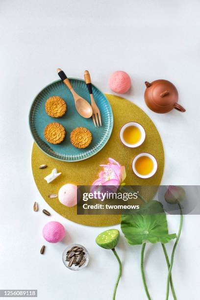 stylised mid autumn festival food still life. - lotus flower studio stock pictures, royalty-free photos & images