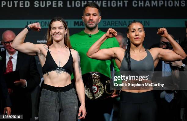 Dublin , Ireland - 19 May 2023; Terri Harper, left, and Cecilia Braekhus during weigh-ins, at Mansion House in Dublin, ahead of their WBA world...