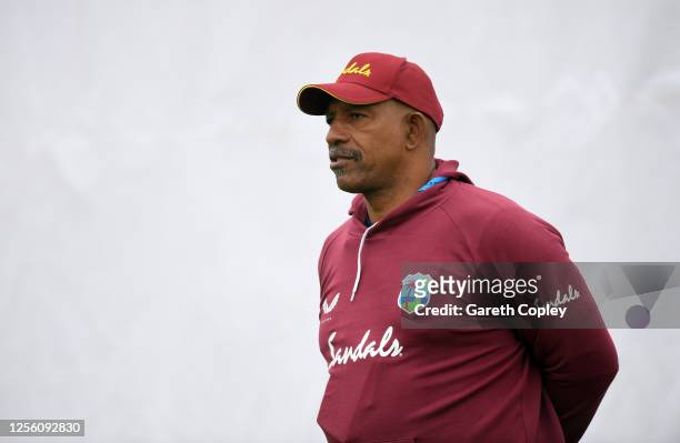 West Indies Head Coach Phil Simmons looks on during a West Indies Nets Session at Emirates Old Trafford on July 14, 2020 in Manchester, England.