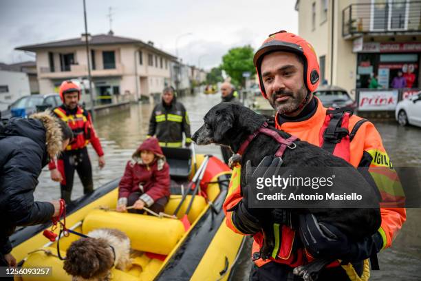 Firefighters rescuers evacuate residents in a dinghy across a flooded street after heavy rains caused flooding across Italy's northern Emilia Romagna...