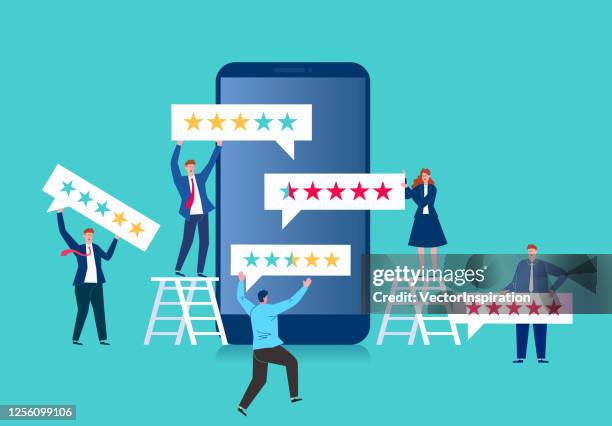 business people leave star rating and service satisfaction feedback on a smartphone screen speech bubble - giving feedback stock illustrations