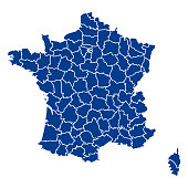 Blank map France. Departments of France map. High detailed blue vector map of France on white background for your web site design, logo, app, UI. Stock vector. EPS10.