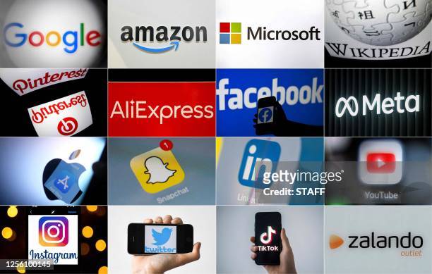This combination of pictures created on April 25, 2023 shows logos of online platforms, applications, social networks and technology and IT companies...