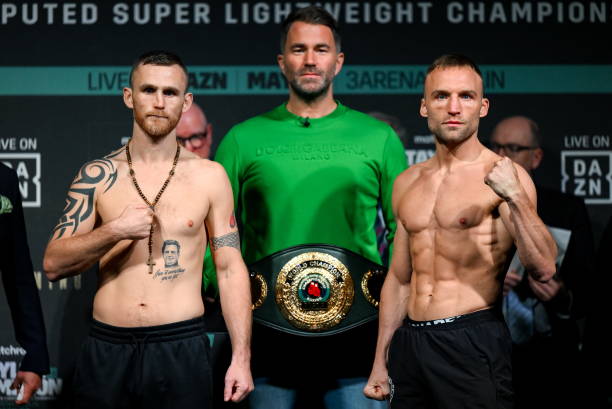 Dublin , Ireland - 19 May 2023; Dennis Hogan, left, and James Metcalf during weigh-ins, at Mansion House in Dublin, ahead of their IBO world...