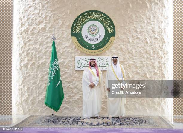 Saudi Arabian Crown Prince Mohammed bin Salman greets Tamim bin Hamad Al Thani , Emir of Qatar ahead of the 32nd Arab League Summit in Jeddah, Saudi...